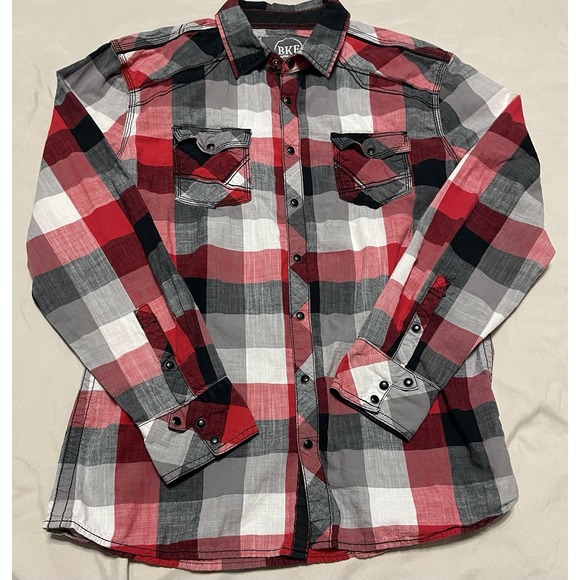 BKE Tailored Fit‎ Shirt Mens Pearl Snap Western Black Plaid Embroidered XL - Picture 1 of 8